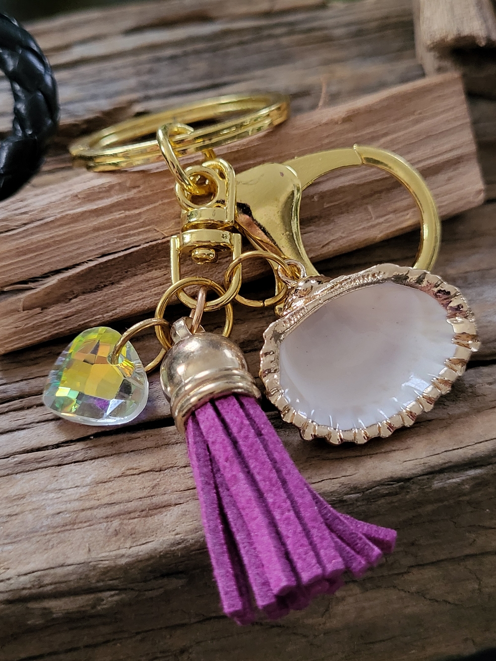 Gold Shell & Purple Tassel Keychain with Iridescent Heart Charm